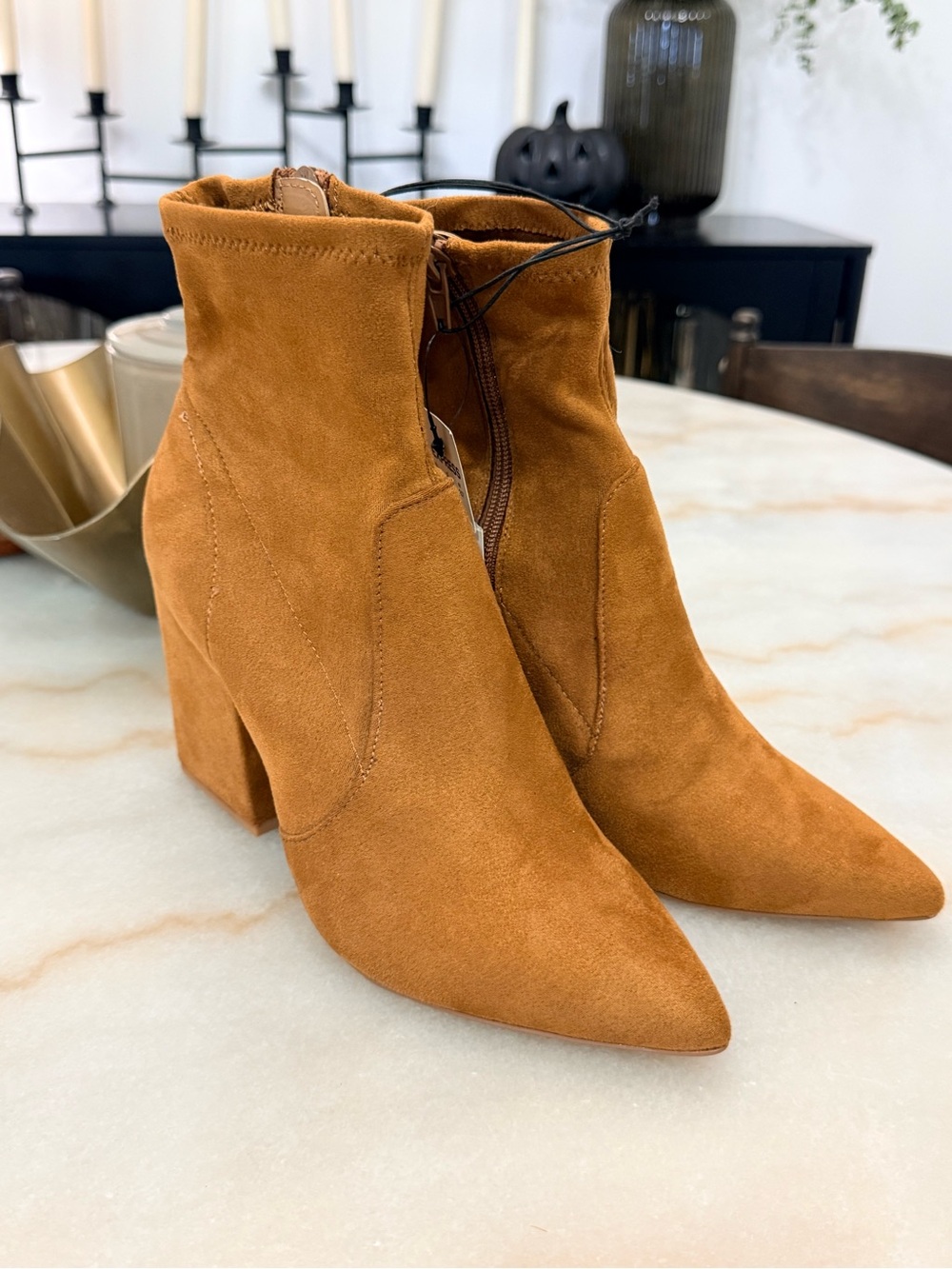Express Suede Pointed Toe Ankle Boots - Cognac Brown